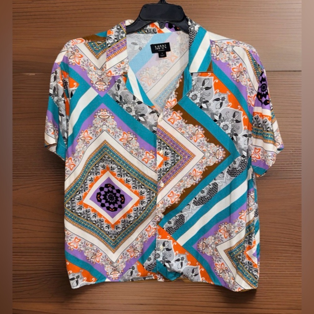 boohooMAN Men’s Geometric/Floral Oversized Boxy Short Sl Collared Shirt-M-EUC